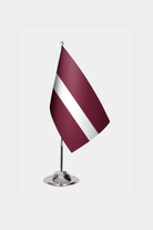 Latvia Desk Flag - Premium Double-Layer Satin with Chrome L-Shaped Stand | Professional Quality Country Desk Flag for Government Offices and Institutions