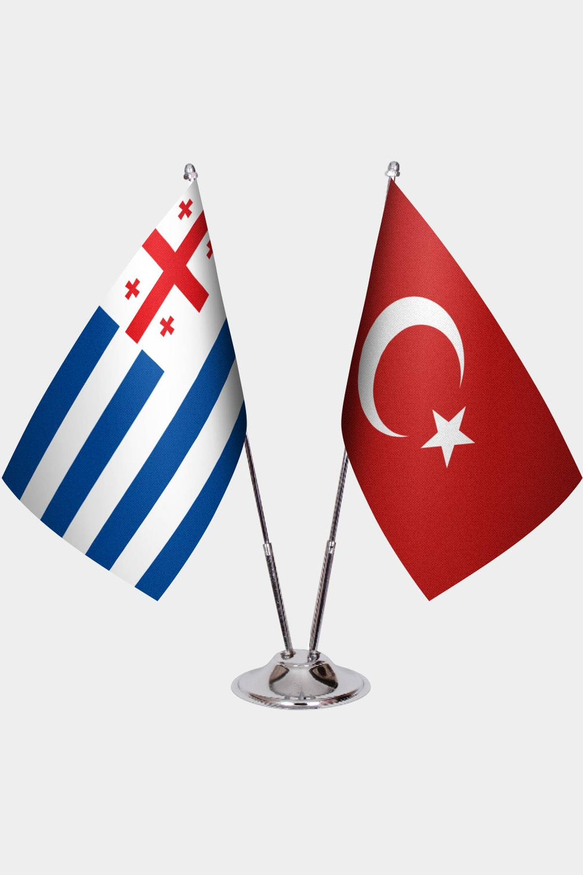 Adjara and Türkiye dual desk flag set with chrome silver pedestal, satin office table flag