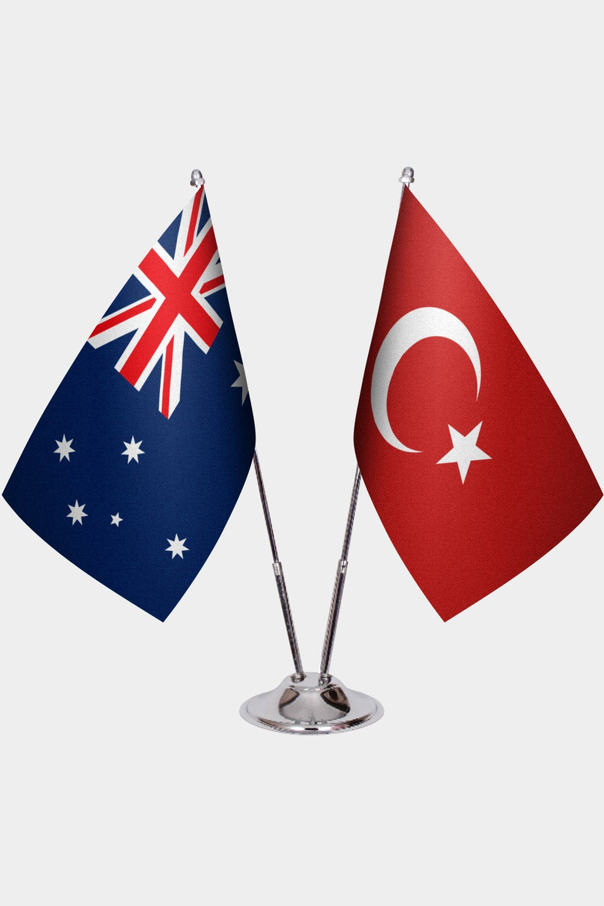 Australia and Türkiye dual desk flag set with chrome silver pedestal, satin office table flag