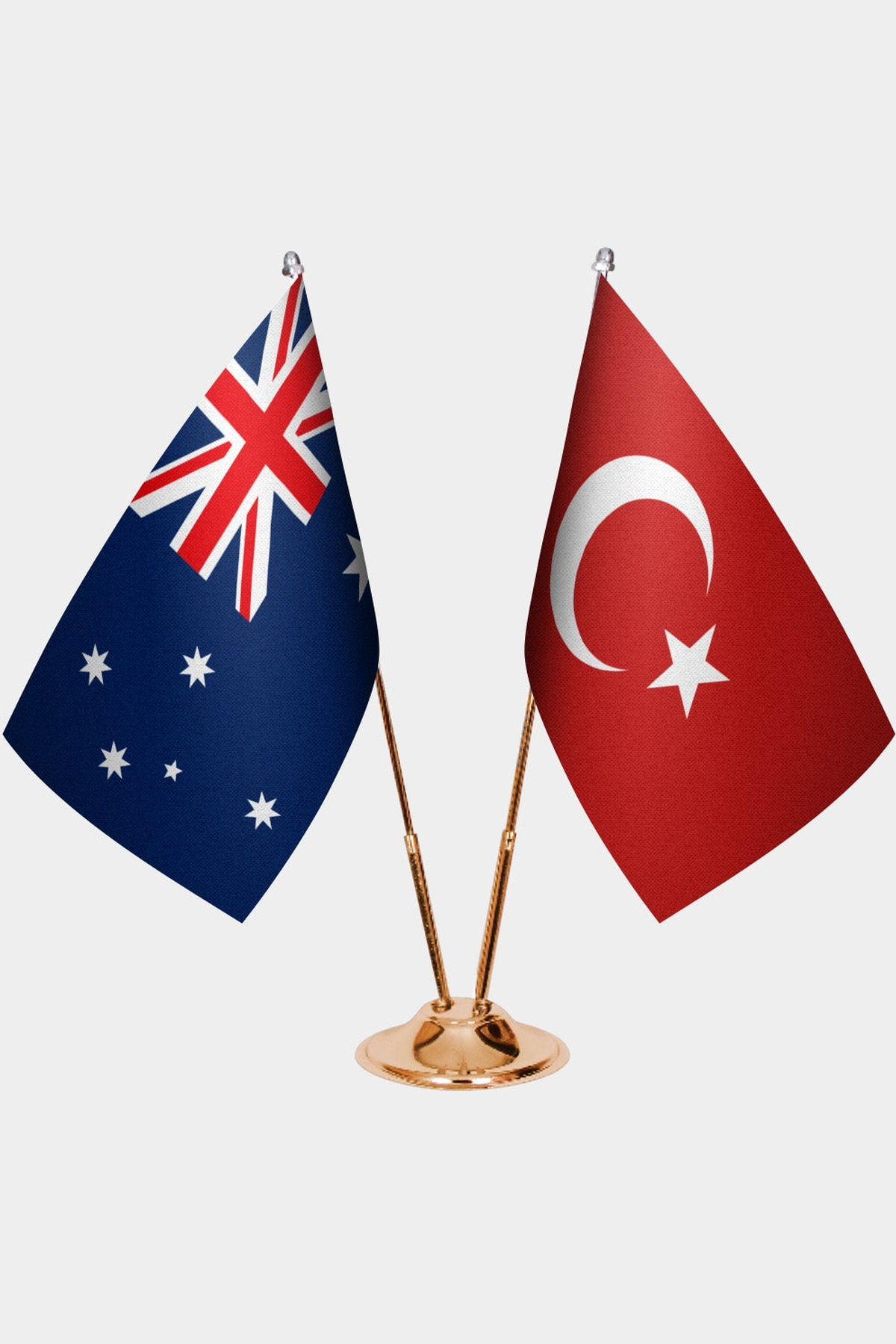 Australia and Türkiye dual desk flag set with gold pedestal, satin office table flag