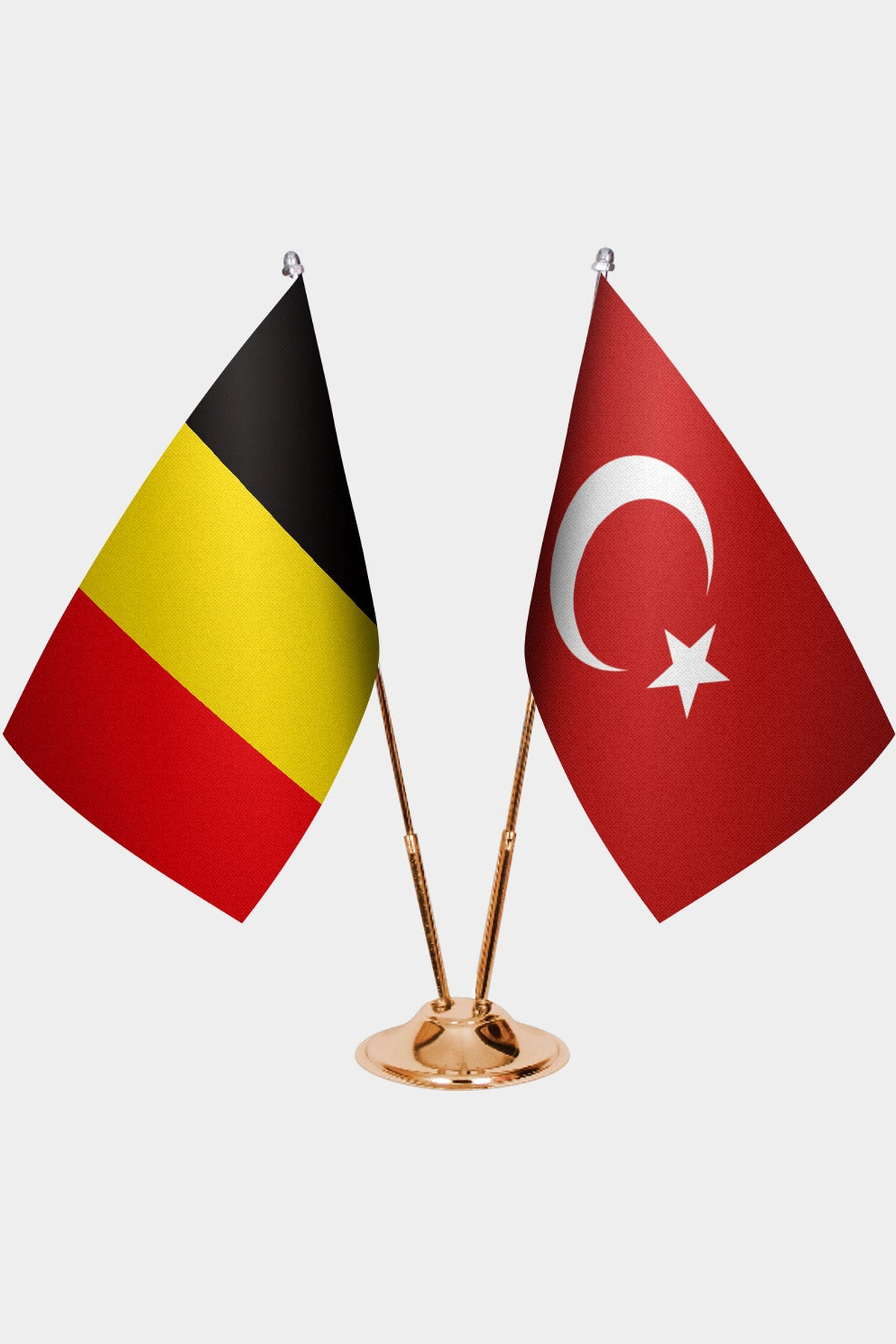Belgium and Türkiye dual desk flag set with gold pedestal, satin office table flag
