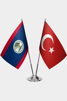 Belize and Türkiye dual desk flag set with chrome silver pedestal, satin office table flag