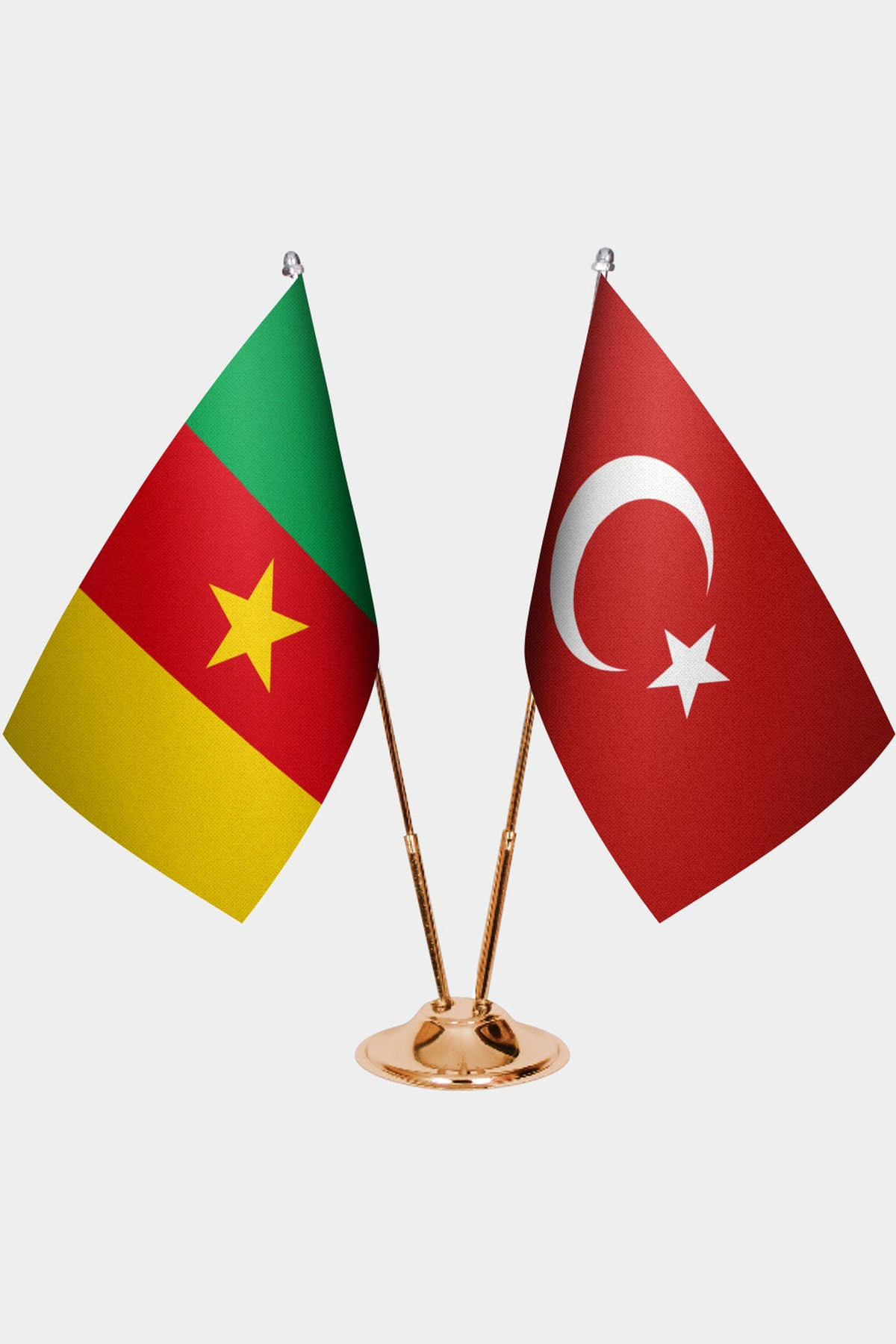 Cameroon and Türkiye dual desk flag set with gold pedestal, satin office table flag