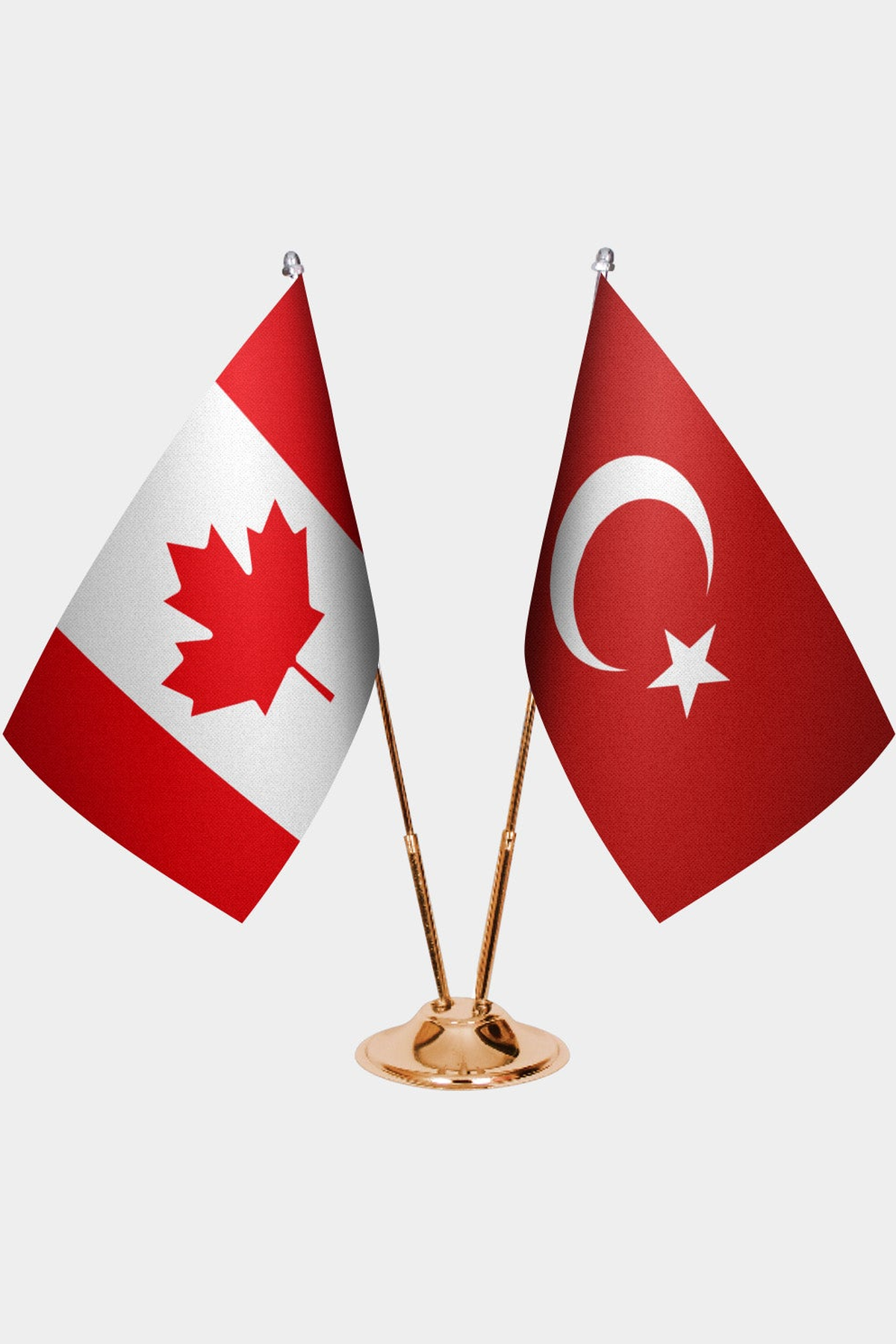 Canada and Türkiye dual desk flag set with gold pedestal, satin office table flag