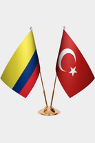 Colombia and Türkiye dual desk flag set with gold pedestal, satin office table flag
