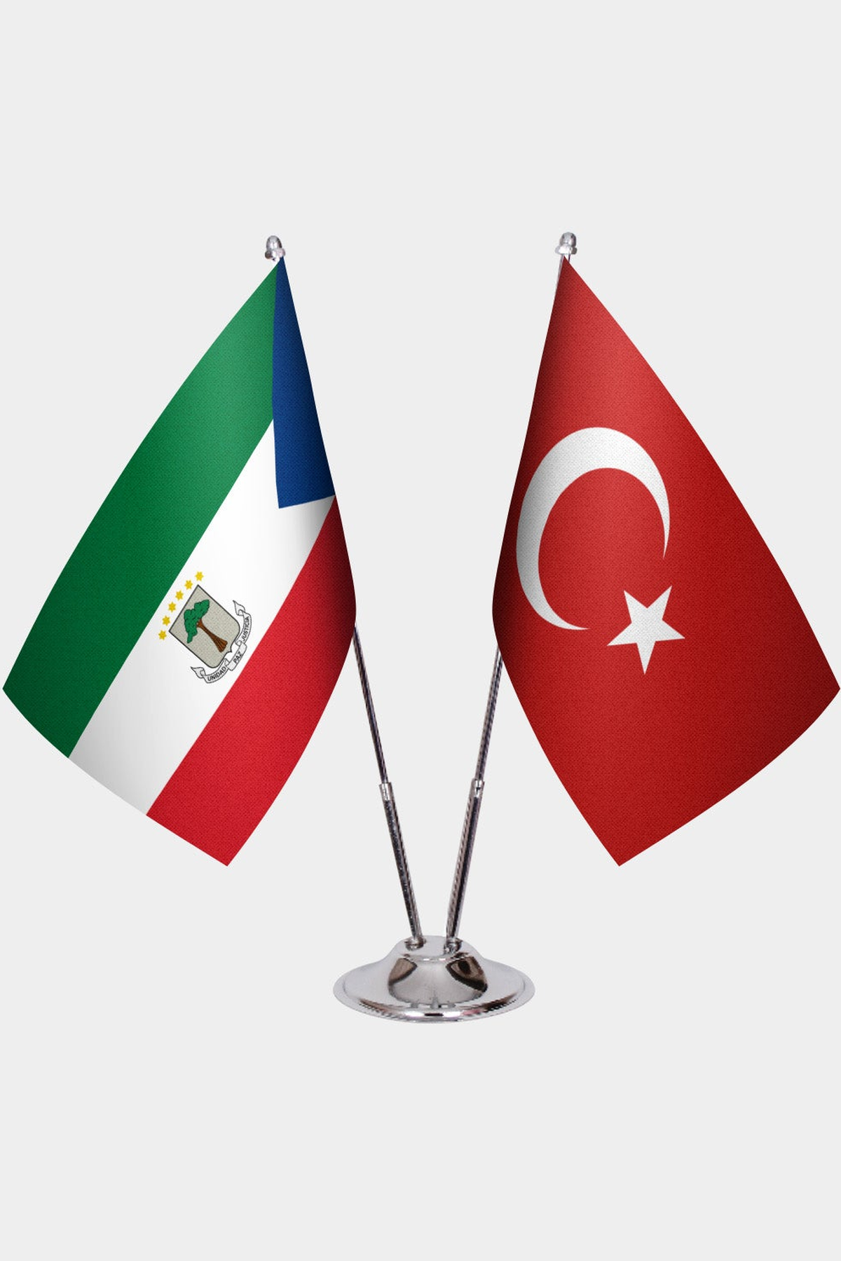 Equatorial Guinea and Türkiye dual desk flag set with chrome silver pedestal, satin office table flag