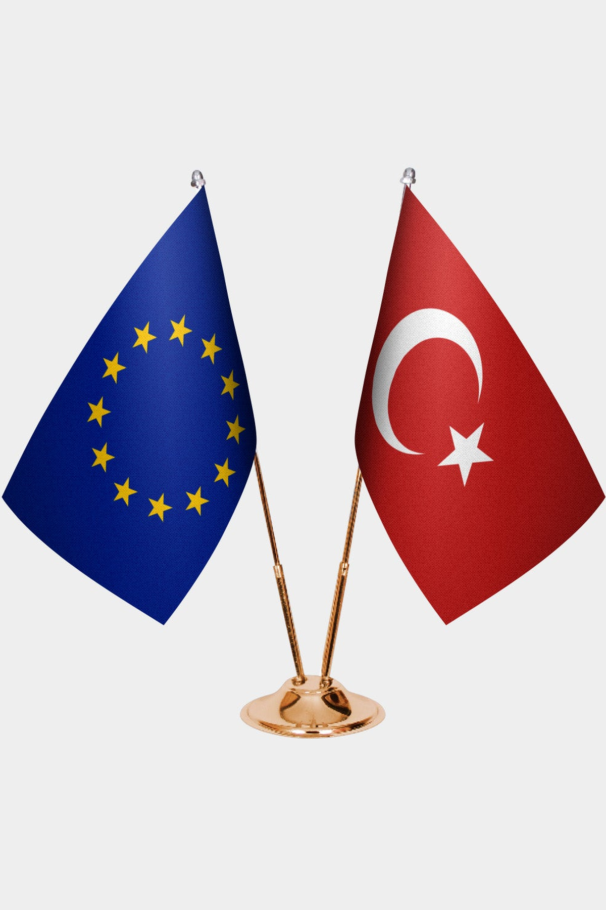 European Union and Türkiye dual desk flag set with gold pedestal, satin office table flag