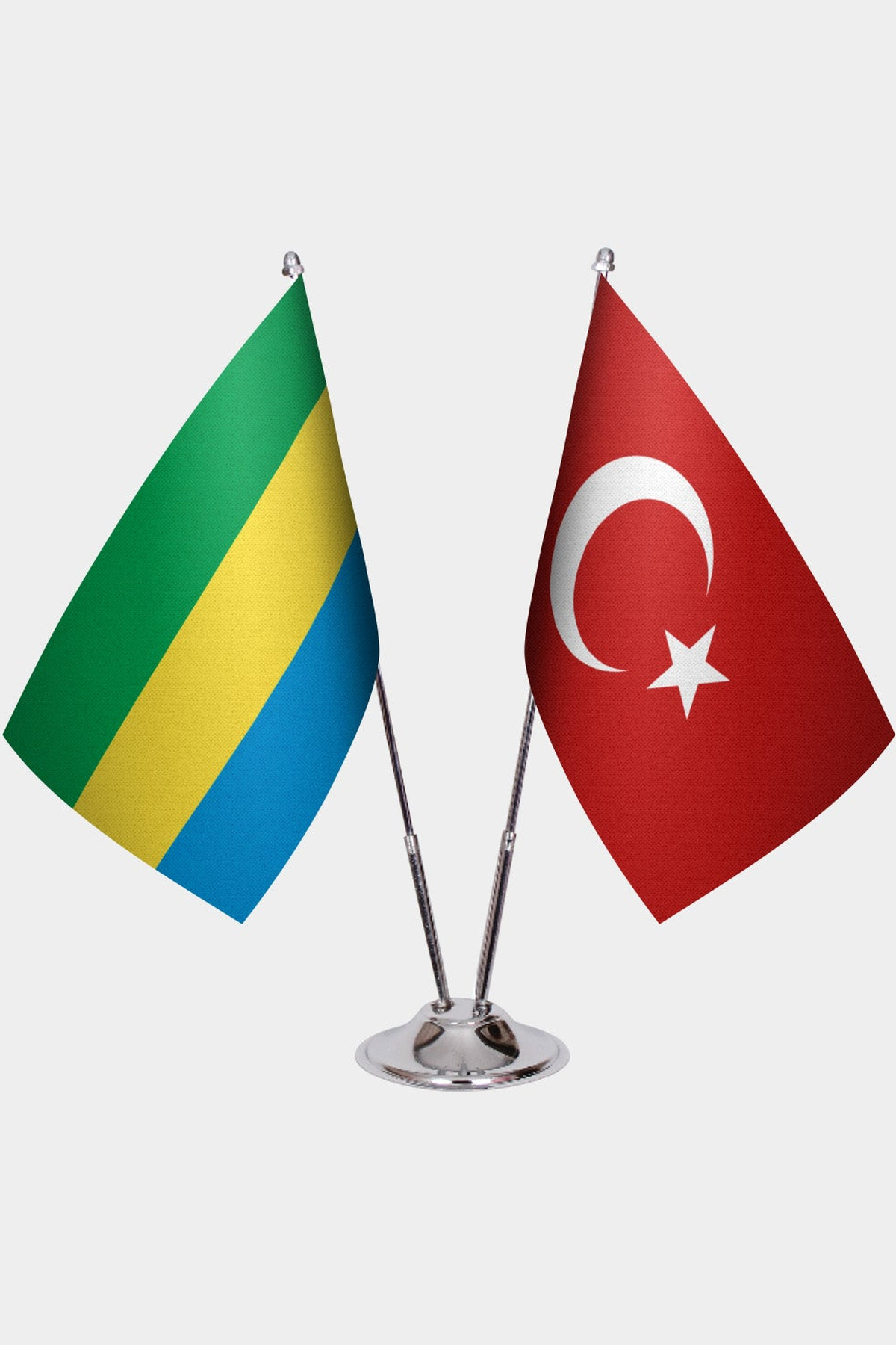 Gabon and Türkiye dual desk flag set with chrome silver pedestal, satin office table flag