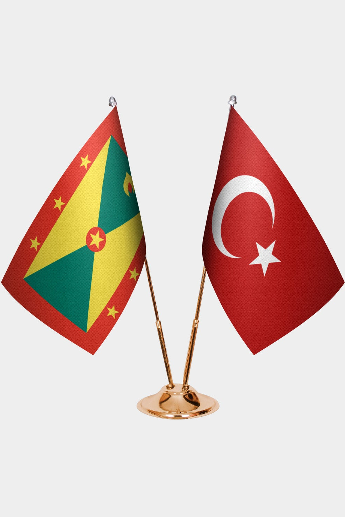 Grenada and Türkiye dual desk flag set with gold pedestal, satin office table flag