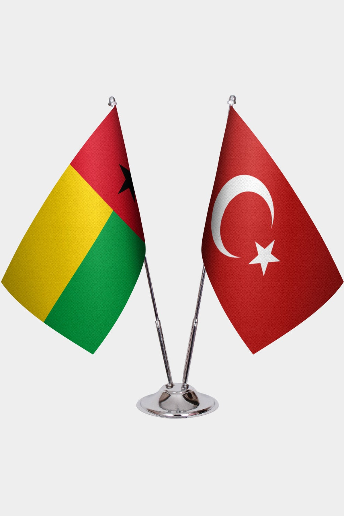 Guinea-Bissau and Türkiye dual desk flag set with chrome silver pedestal, satin office table flag