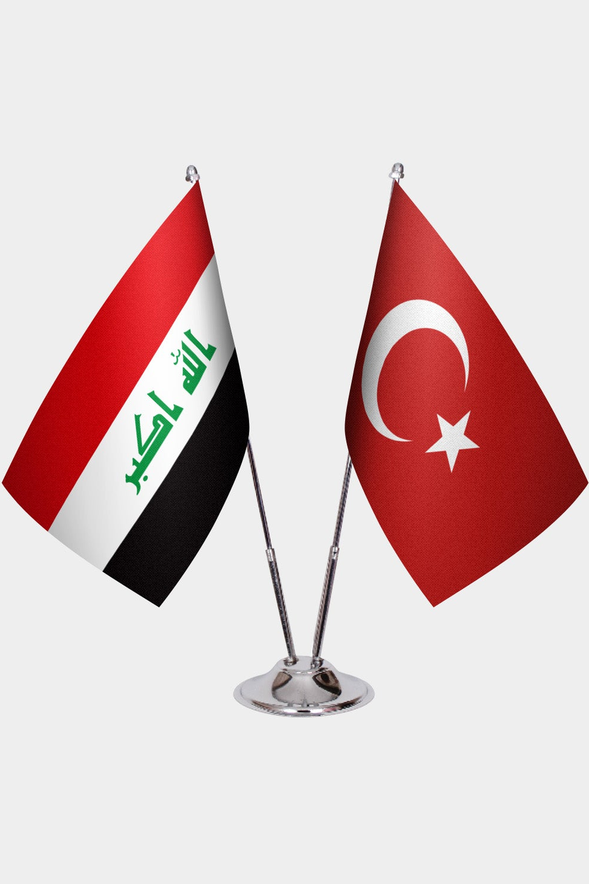 Iraq and Türkiye dual desk flag set with chrome silver pedestal, satin office table flag