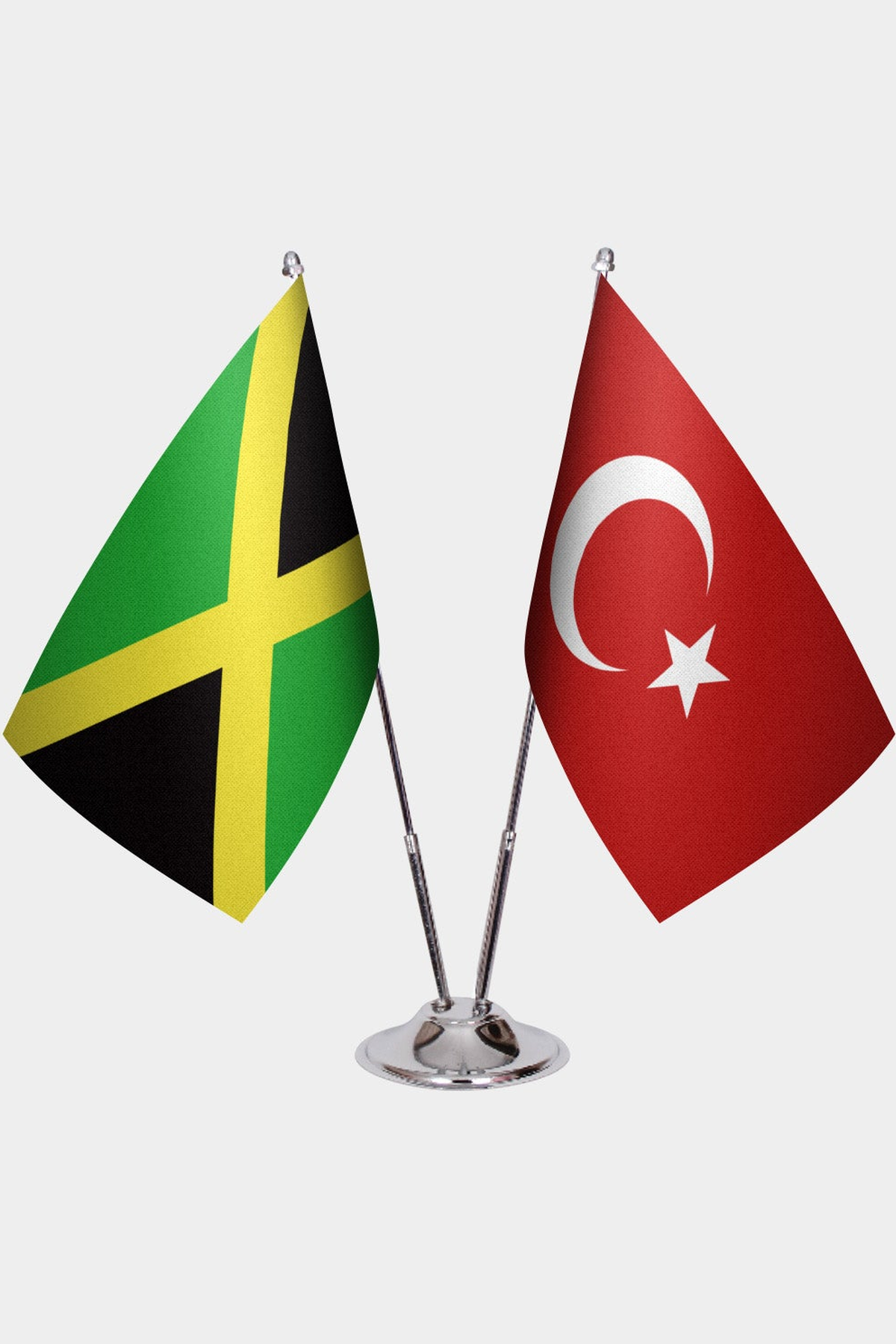 Jamaica and Türkiye dual desk flag set with chrome silver pedestal, satin office table flag