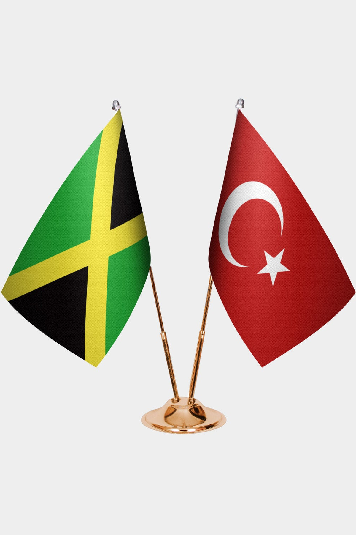 Jamaica and Türkiye dual desk flag set with gold pedestal, satin office table flag
