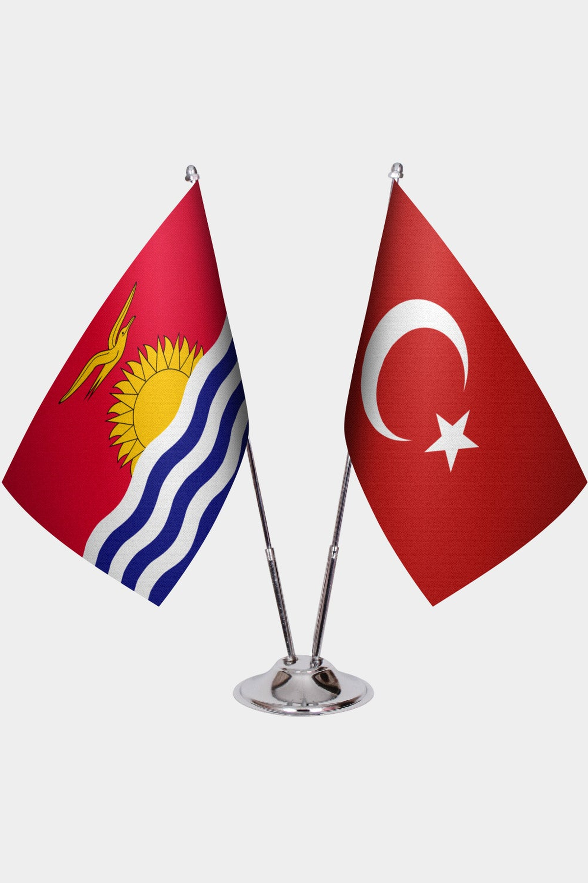 Kiribati and Türkiye dual desk flag set with chrome silver pedestal, satin office table flag