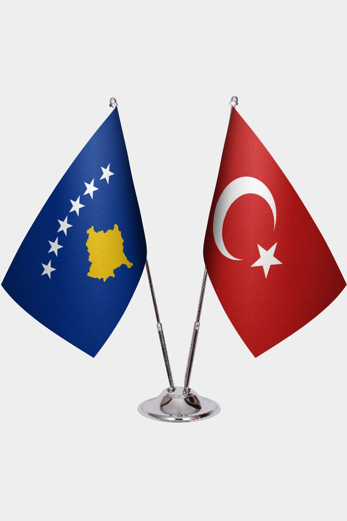 Kosovo and Türkiye dual desk flag set with chrome silver pedestal, satin office table flag