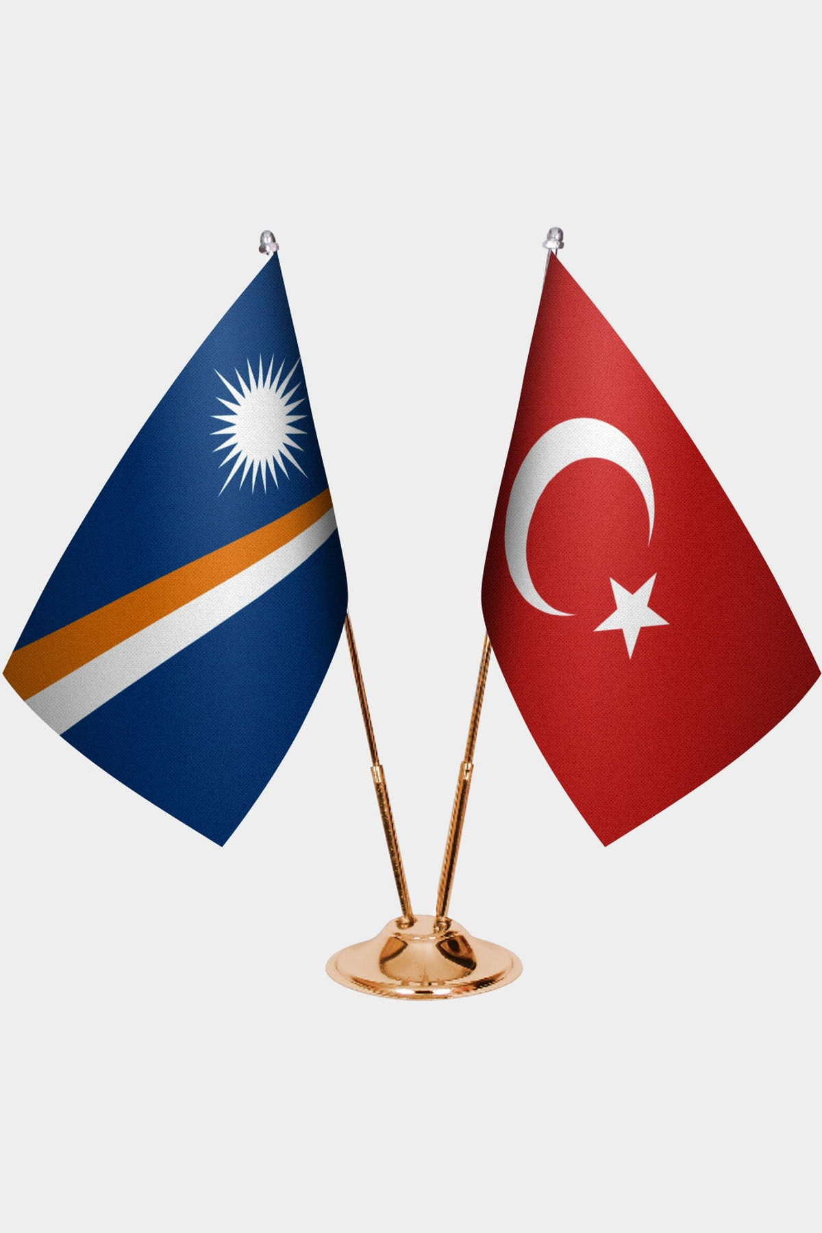 Marshall Islands and Türkiye dual desk flag set with gold pedestal, satin office table flag