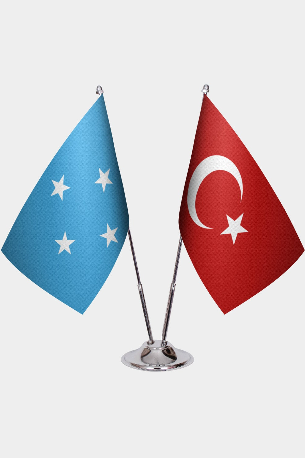 Micronesia and Türkiye dual desk flag set with chrome silver pedestal, satin office table flag