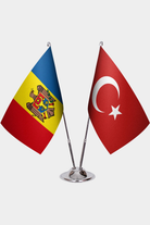 Moldova and Türkiye dual desk flag set with chrome silver pedestal, satin office table flag