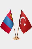 Mongolia and Türkiye dual desk flag set with gold pedestal, satin office table flag