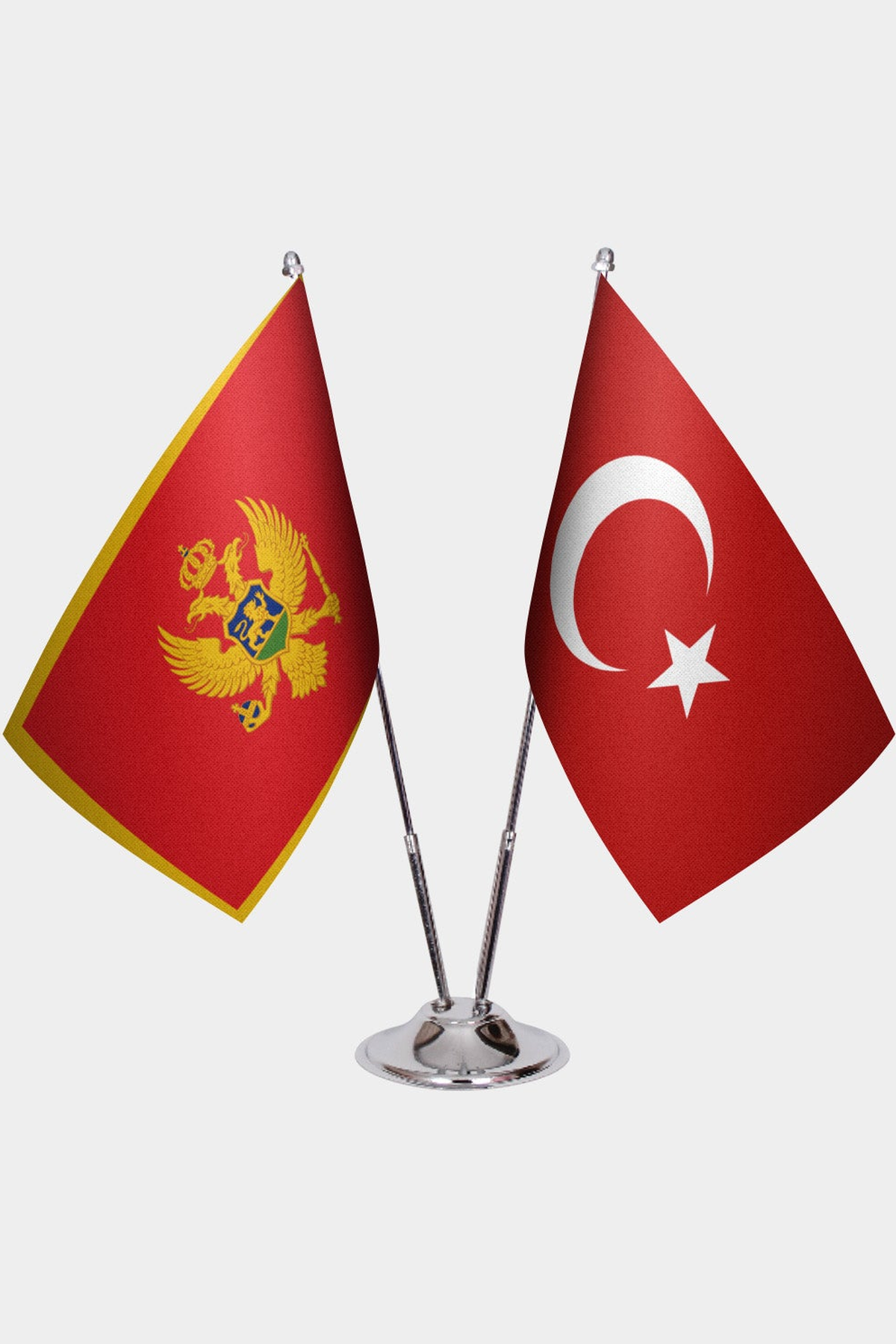 Montenegro and Türkiye dual desk flag set with chrome silver pedestal, satin office table flag