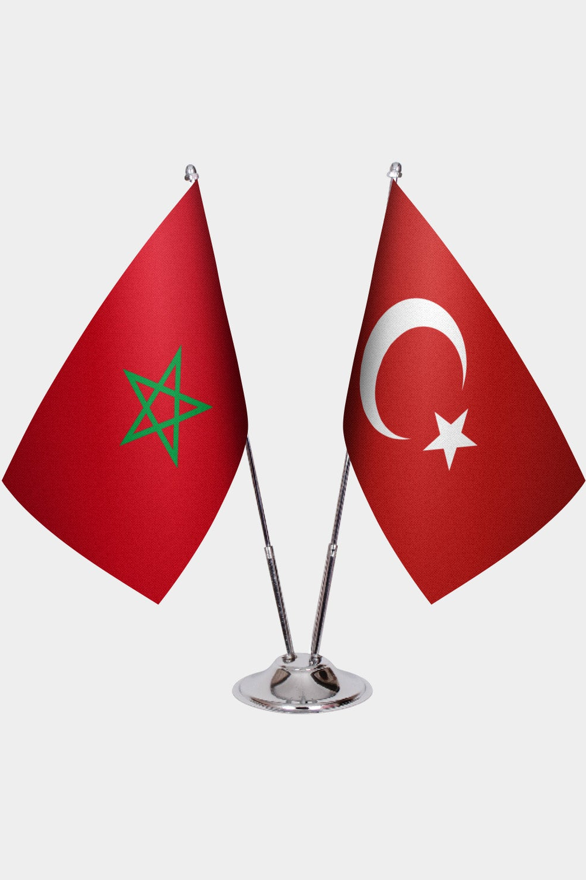 Morocco and Türkiye dual desk flag set with chrome silver pedestal, satin office table flag