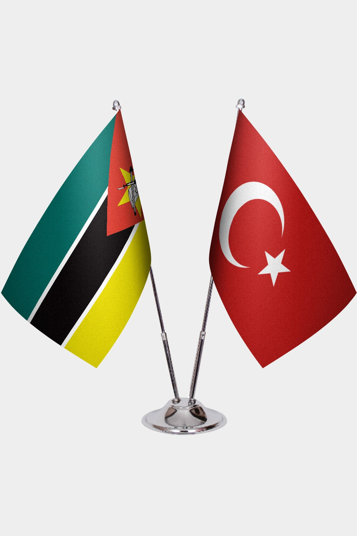 Mozambique and Türkiye dual desk flag set with chrome silver pedestal, satin office table flag