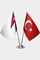 Nepal and Türkiye dual desk flag set with chrome silver pedestal, satin office table flag