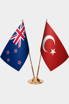 New Zealand and Türkiye dual desk flag set with gold pedestal, satin office table flag