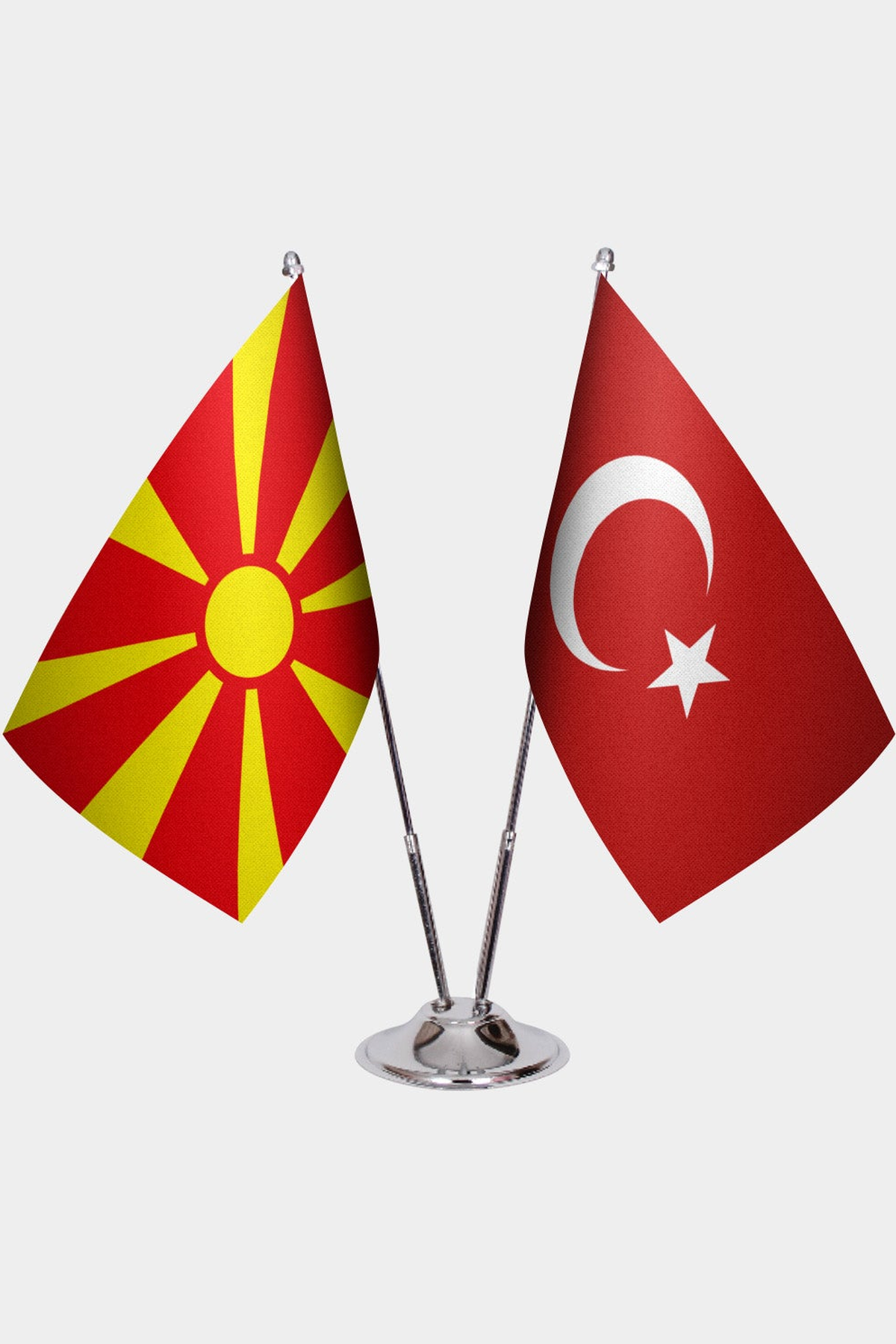 North Macedonia and Türkiye dual desk flag set with chrome silver pedestal, satin office table flag