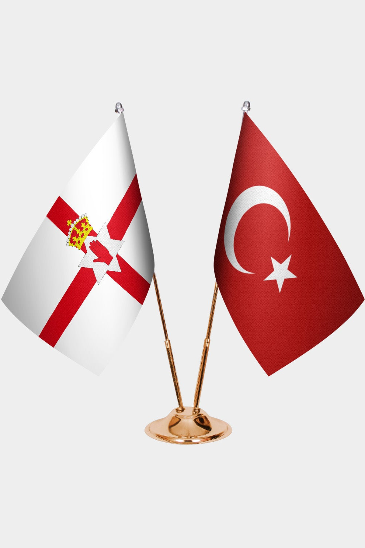 Northern Ireland and Türkiye dual desk flag set with gold pedestal, satin office table flag