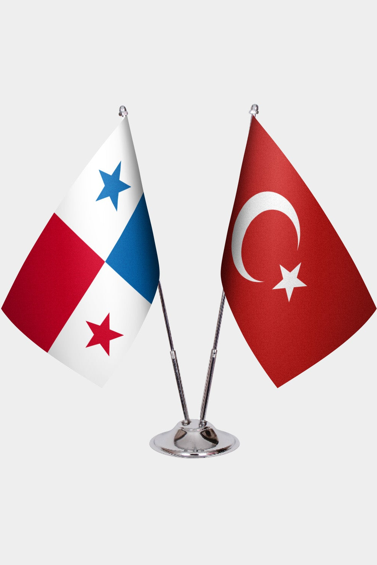 Panama and Türkiye dual desk flag set with chrome silver pedestal, satin office table flag