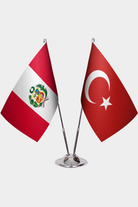 Peru and Türkiye dual desk flag set with chrome silver pedestal, satin office table flag