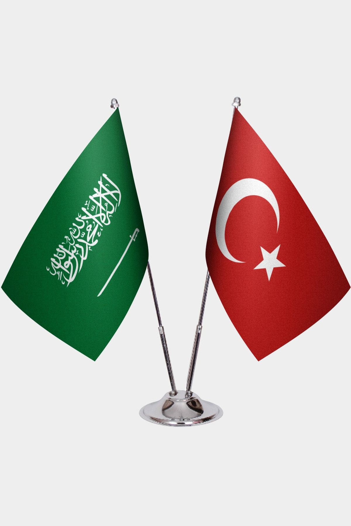 Saudi Arabia and Türkiye dual desk flag set with chrome silver pedestal, satin office table flag