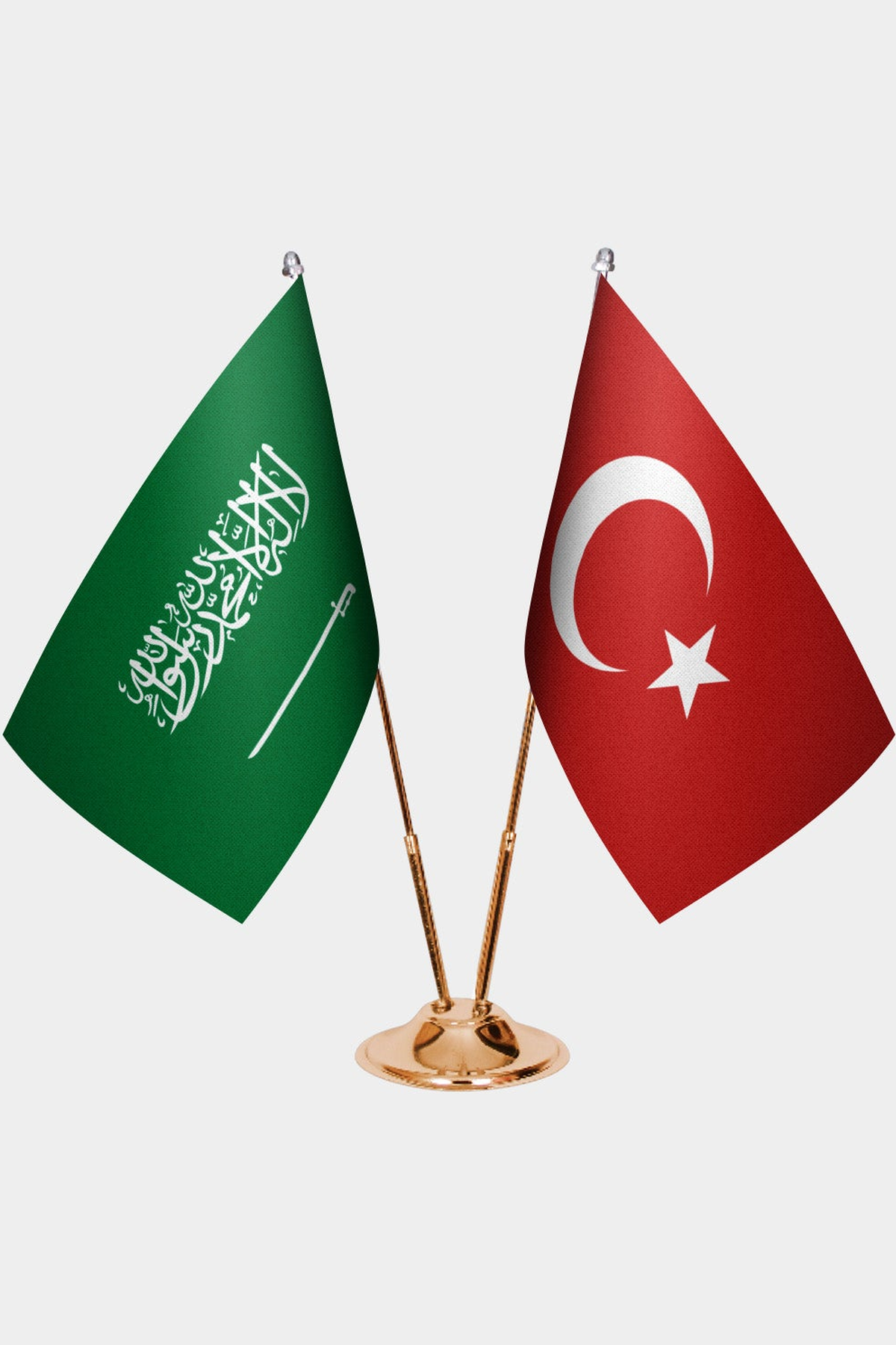Saudi Arabia and Türkiye dual desk flag set with gold pedestal, satin office table flag
