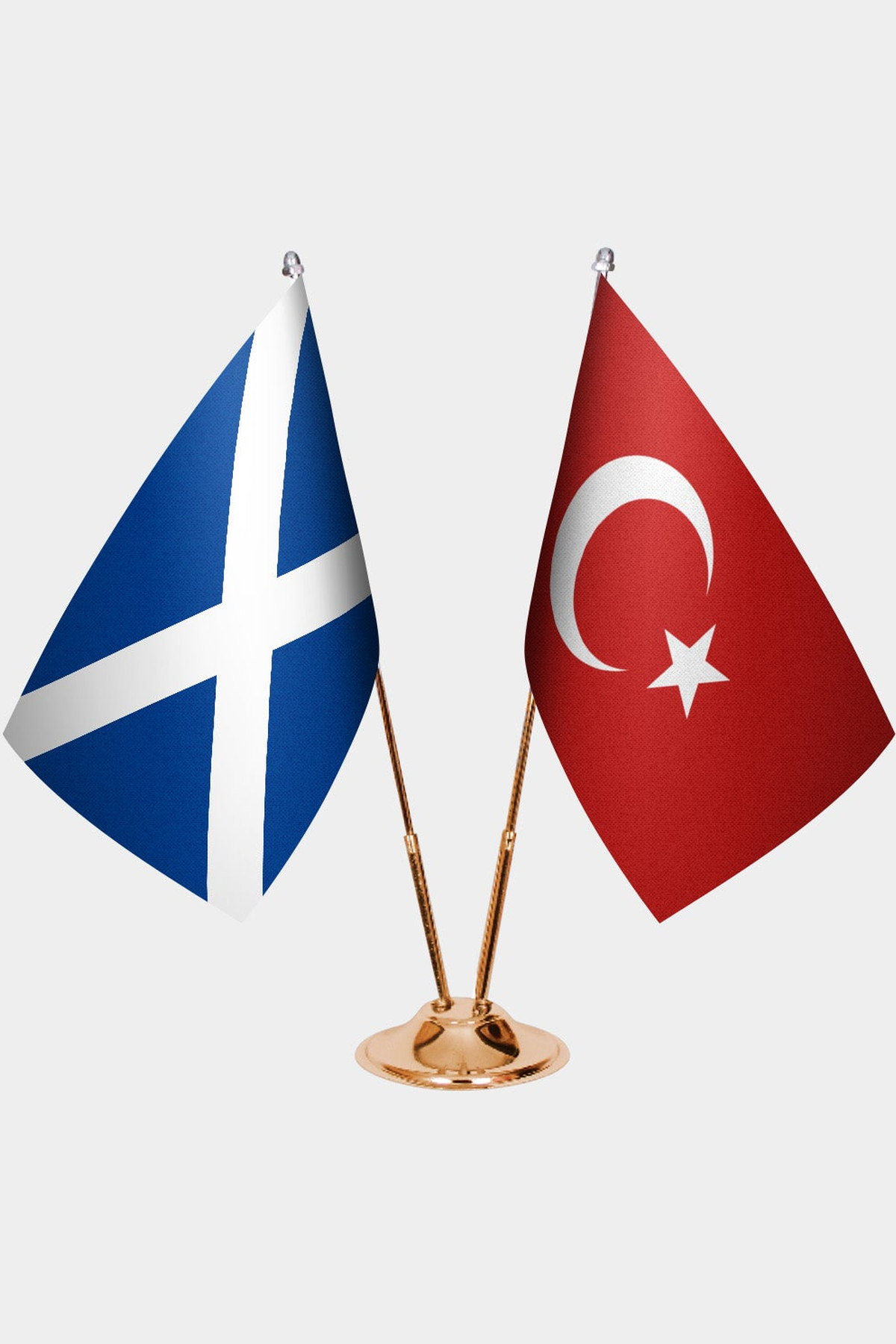 Scotland and Türkiye dual desk flag set with gold pedestal, satin office table flag