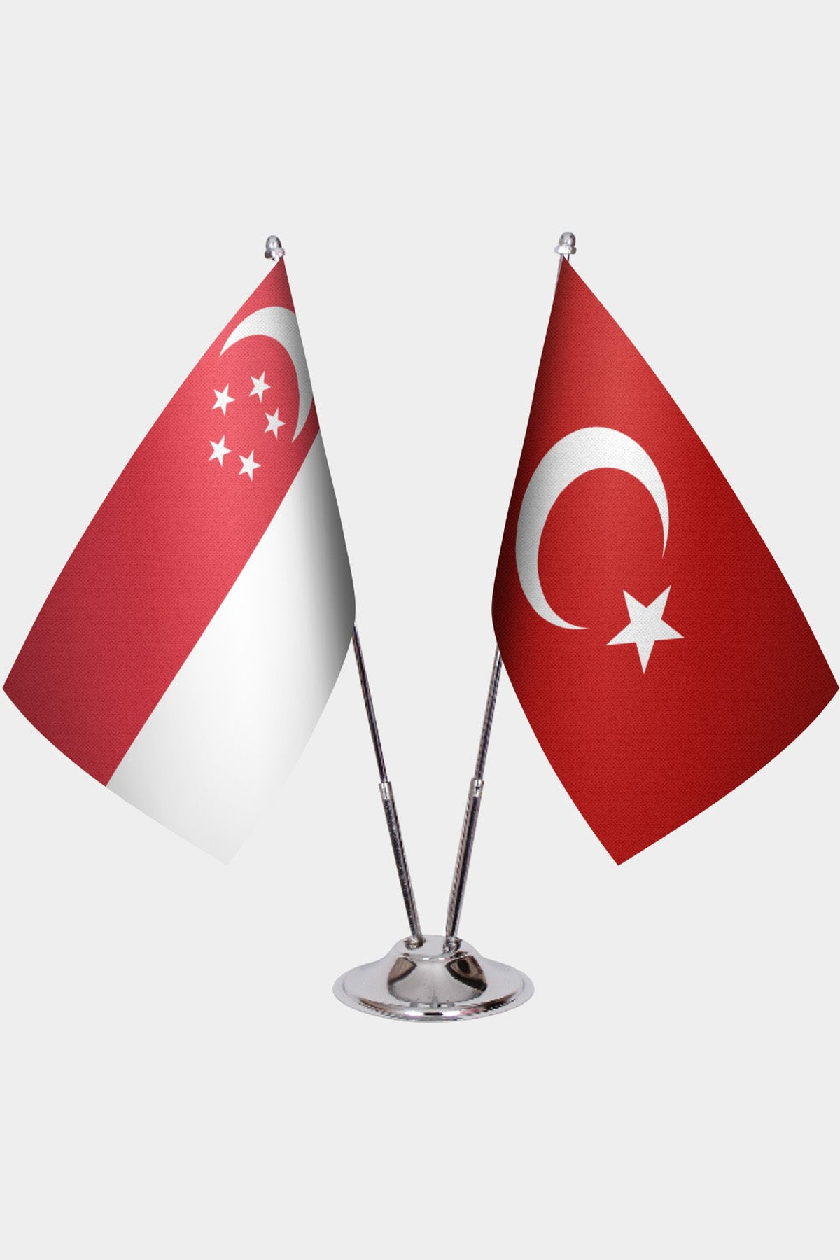Singapore and Türkiye dual desk flag set with chrome silver pedestal, satin office table flag