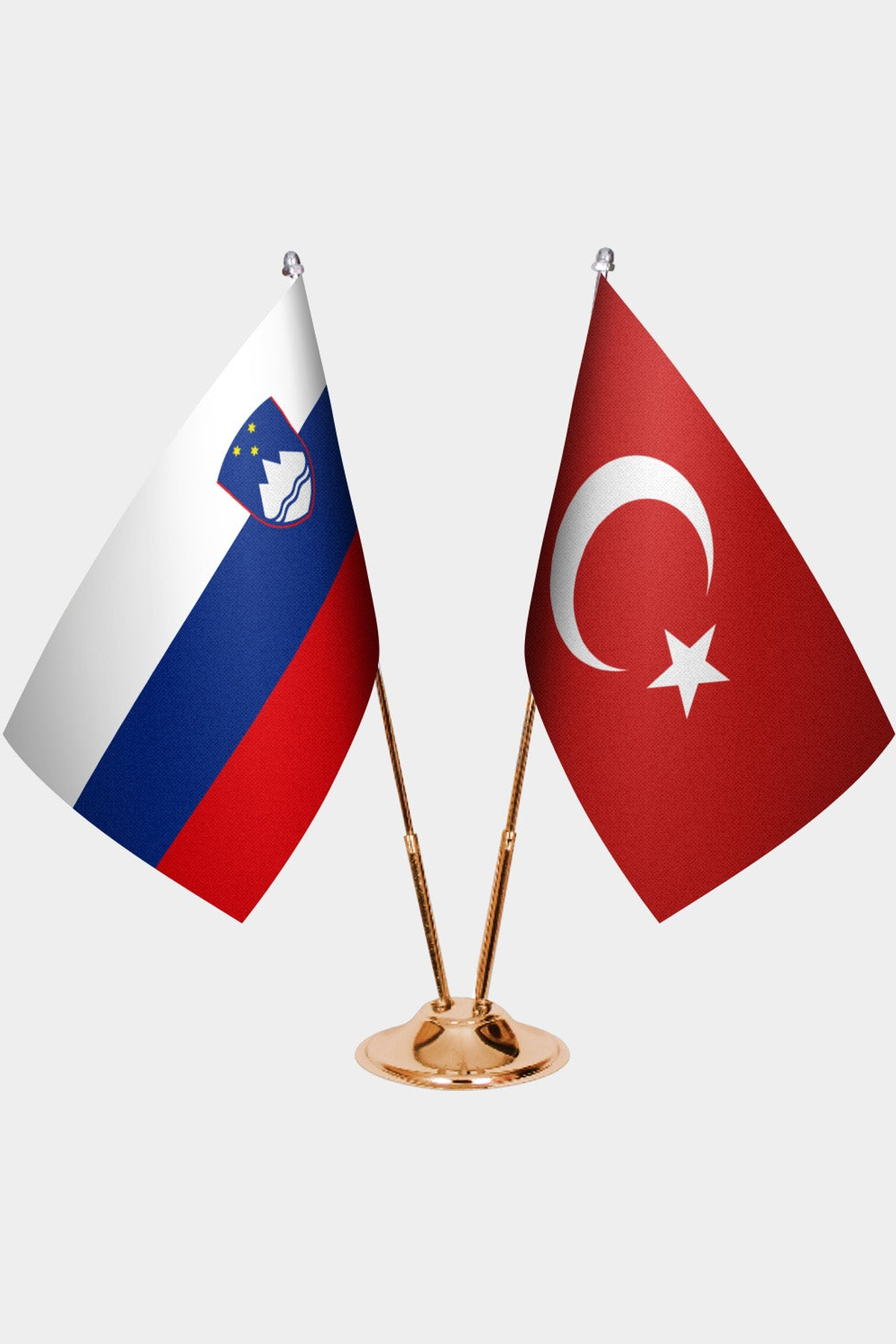 Slovenia and Türkiye dual desk flag set with gold pedestal, satin office table flag