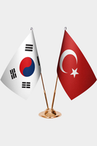 South Korea and Türkiye dual desk flag set with gold pedestal, satin office table flag