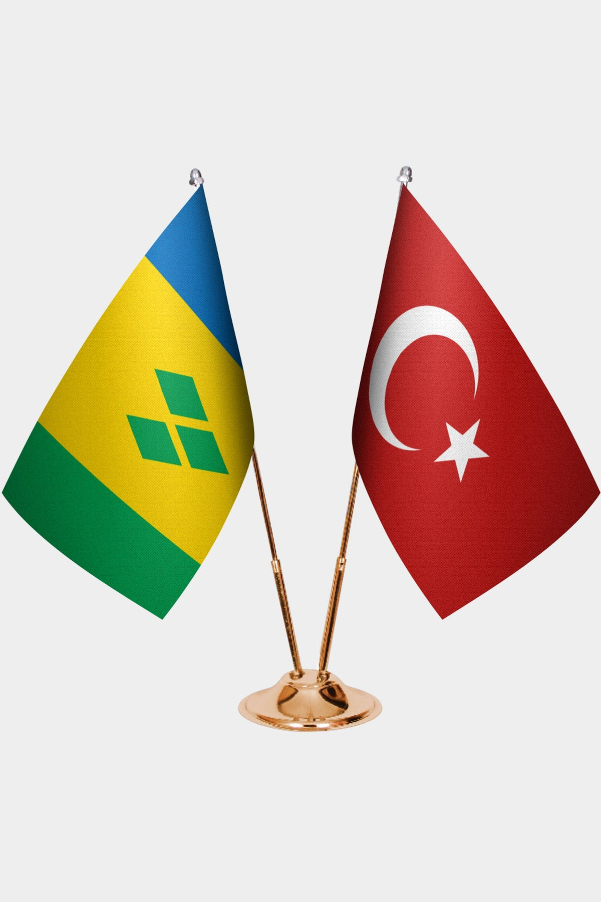 St. Vincent & Grenadines and Türkiye dual desk flag set with gold pedestal, satin office table flag