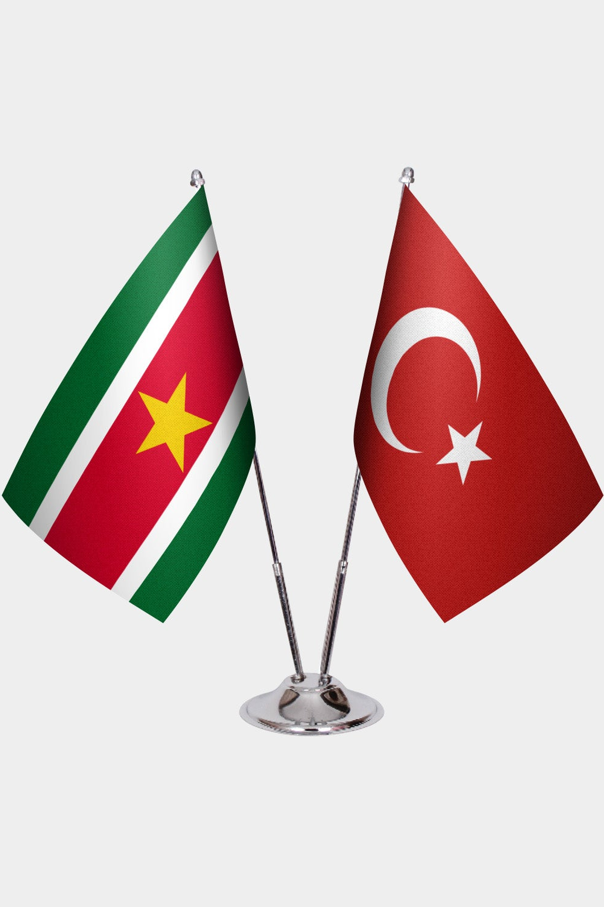 Suriname and Türkiye dual desk flag set with chrome silver pedestal, satin office table flag
