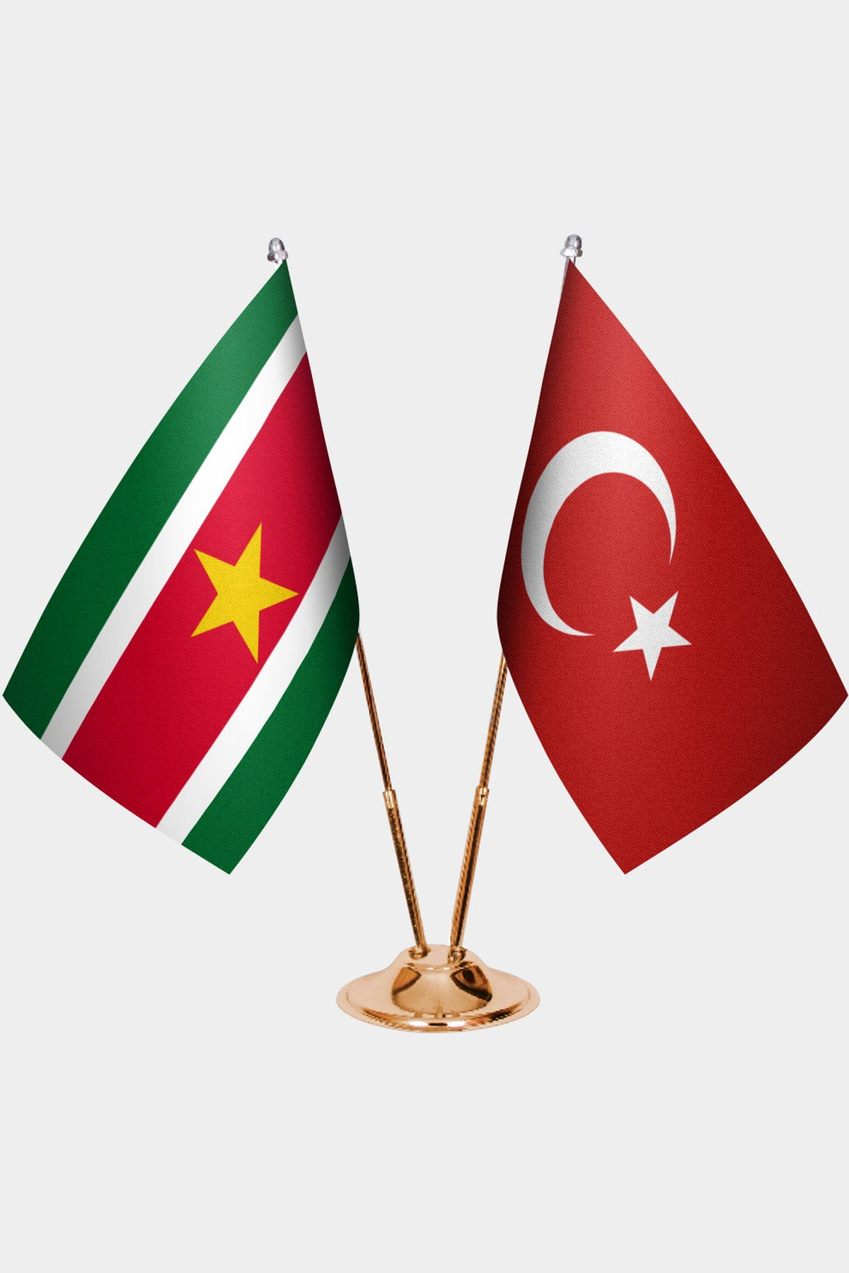 Suriname and Türkiye dual desk flag set with gold pedestal, satin office table flag