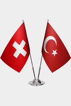 Switzerland and Türkiye dual desk flag set with chrome silver pedestal, satin office table flag