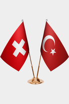 Switzerland and Türkiye dual desk flag set with gold pedestal, satin office table flag