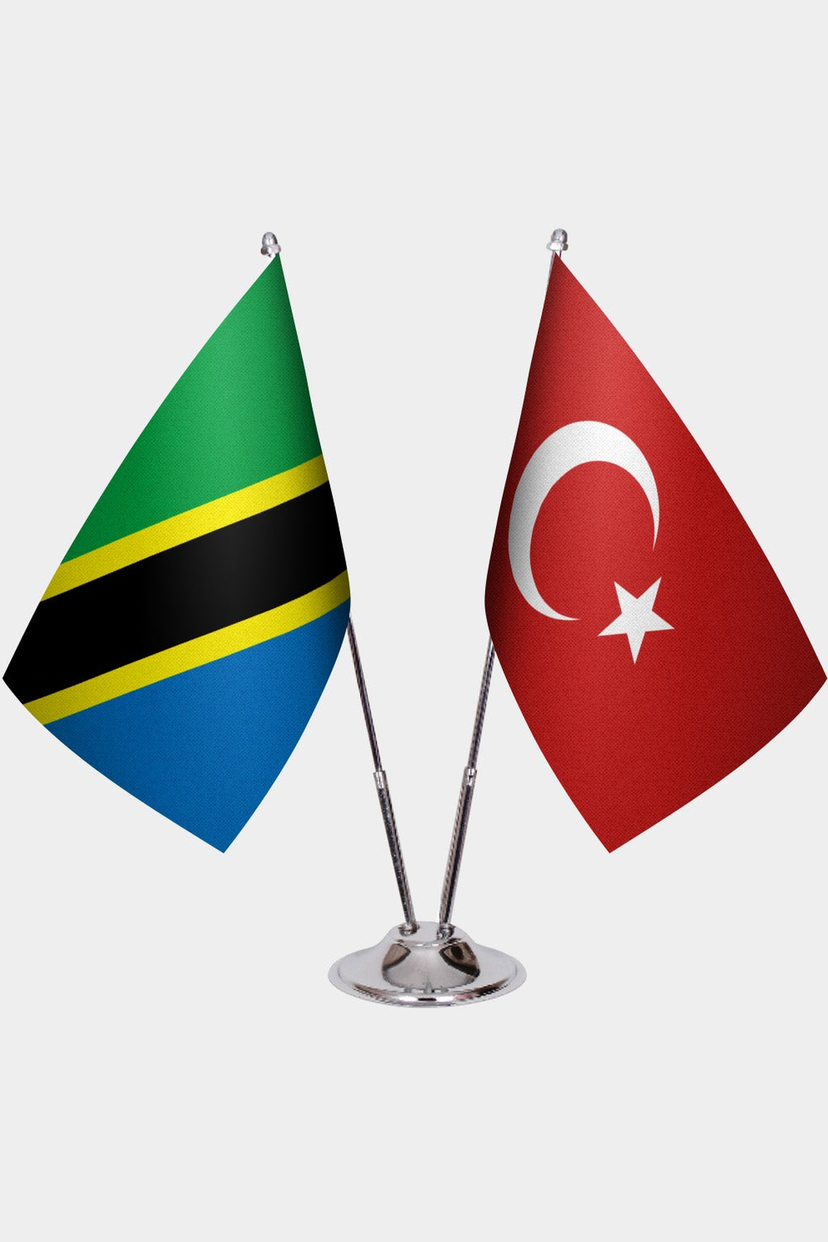 Tanzania and Türkiye dual desk flag set with chrome silver pedestal, satin office table flag