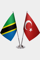 Tanzania and Türkiye dual desk flag set with chrome silver pedestal, satin office table flag