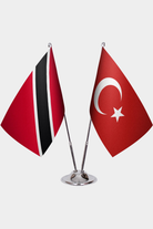 Trinidad & Tobago and Türkiye dual desk flag set with chrome silver pedestal, satin office table flag