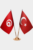 Tunisia and Türkiye dual desk flag set with gold pedestal, satin office table flag