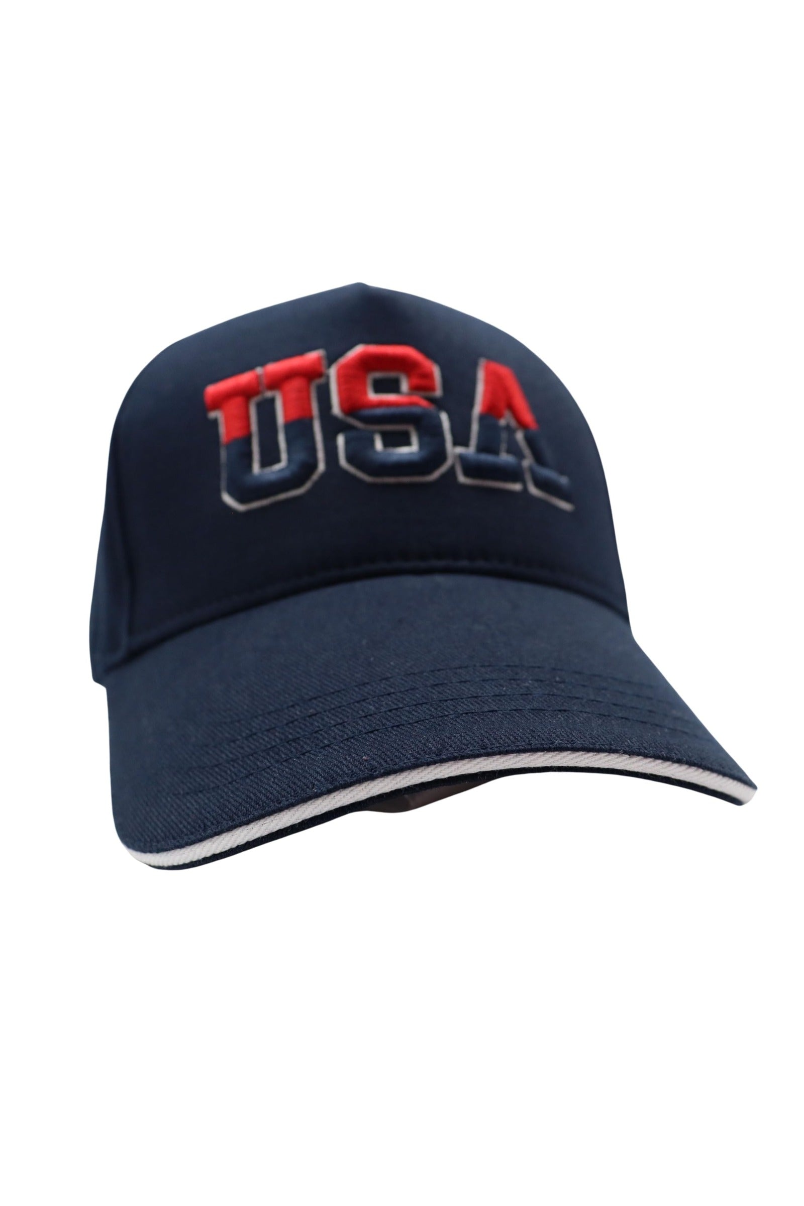 Navy USA cap with white sandwich trim, three-quarter view