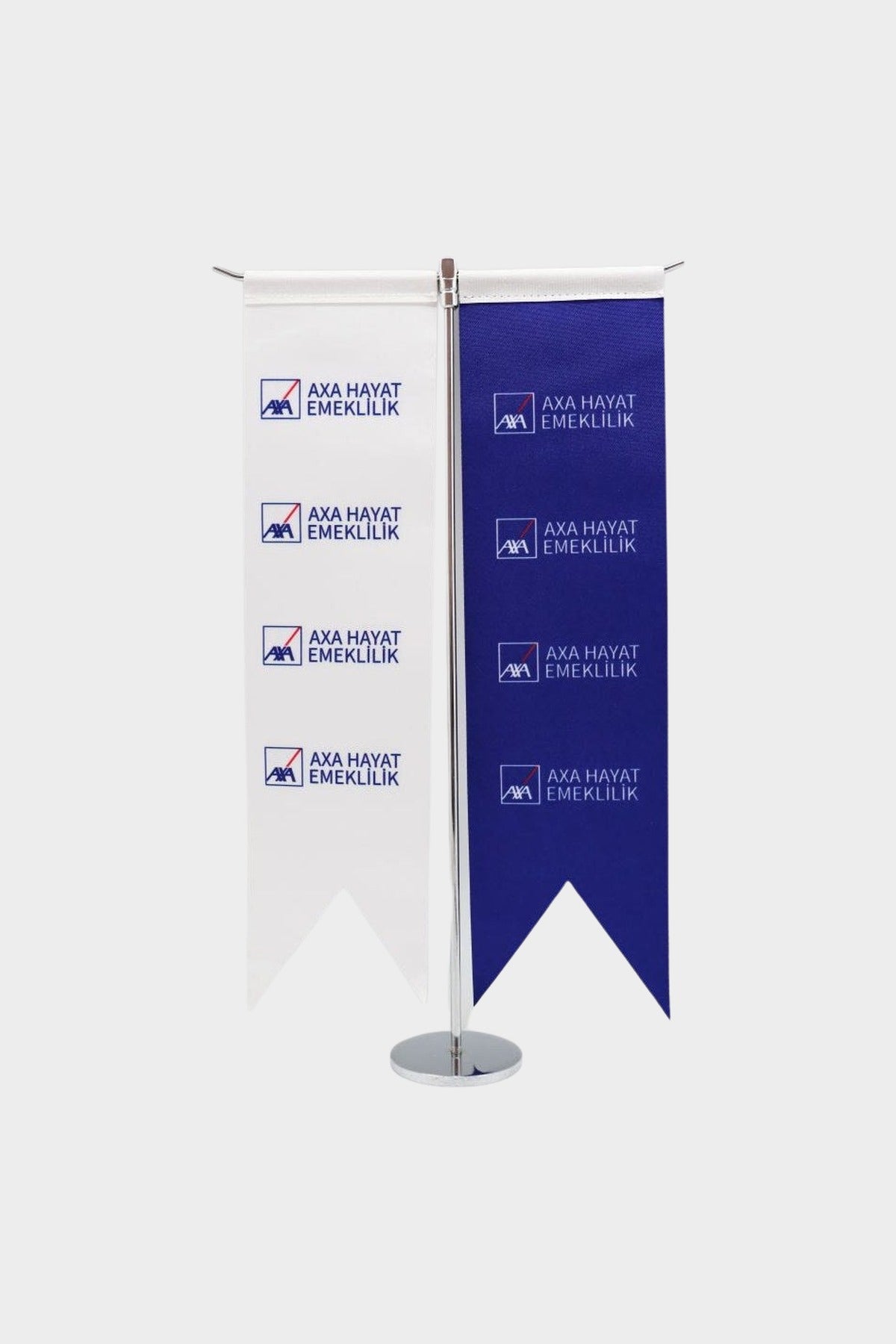 Logo Baskılı Kırlangıç T Model Masa Bayrağı, krom direkli, 8 × 32 cm bayrak, ağırlıklı kaide (1)