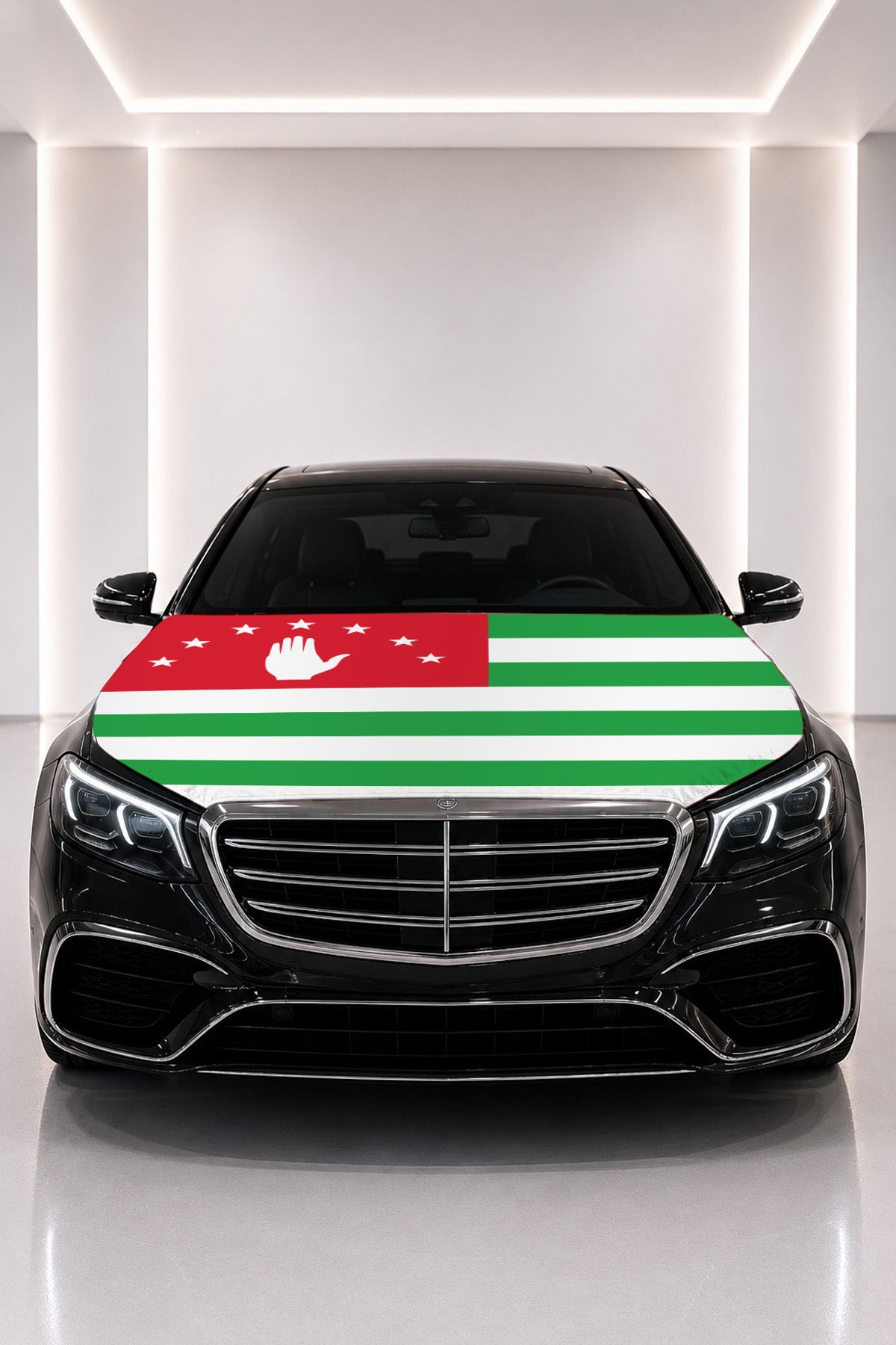 Abkhazia flag car hood cover fitted on a black car bonnet
